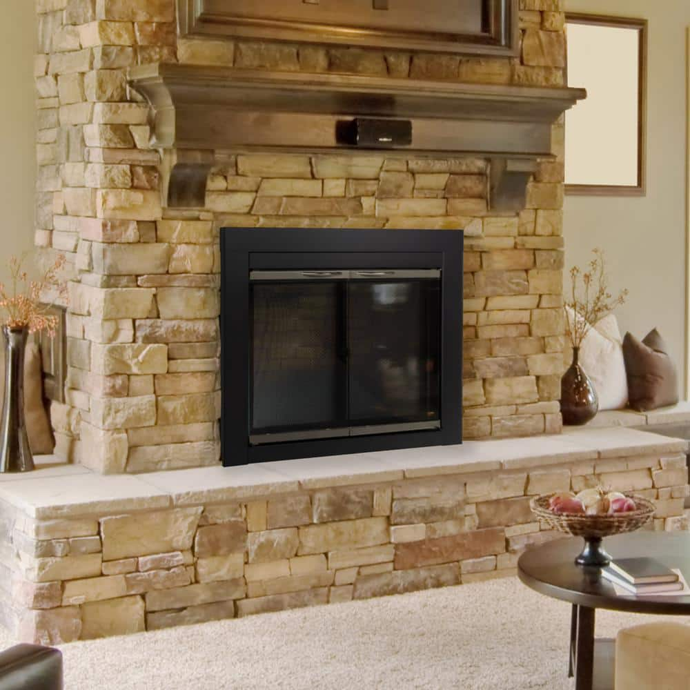 Pleasant Hearth Alsip Cabinet Fireplace Screen and Glass Doors - Black and Sunlight Nickel