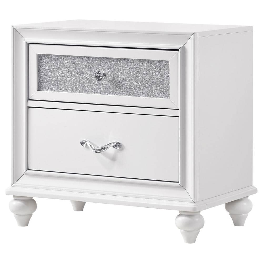 White Glam 2-Drawer Nightstand with Crystal Hardware