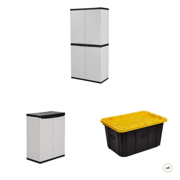 35 in. x 71.7 in. 4-Shelf and 26.9 in. x 33.8 in. 2-Shelf Resin Cabinet with 27 Gal. Tote (4-Pack) Combo