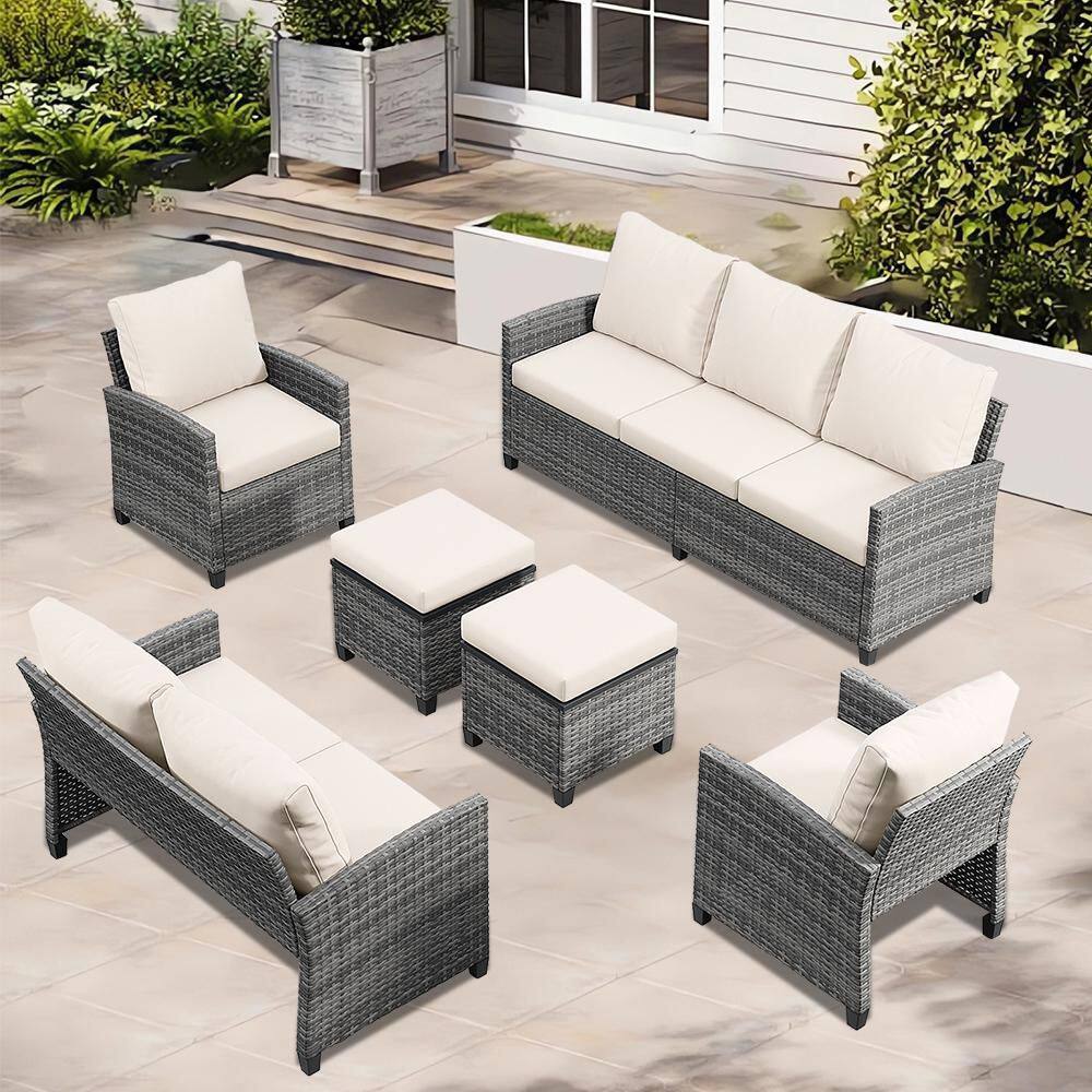 6-Piece Patio Furniture Wicker Outdoor Sectional Sofa Set with Beige Cushions and 2-Ottomans price history on PriceWatchPro