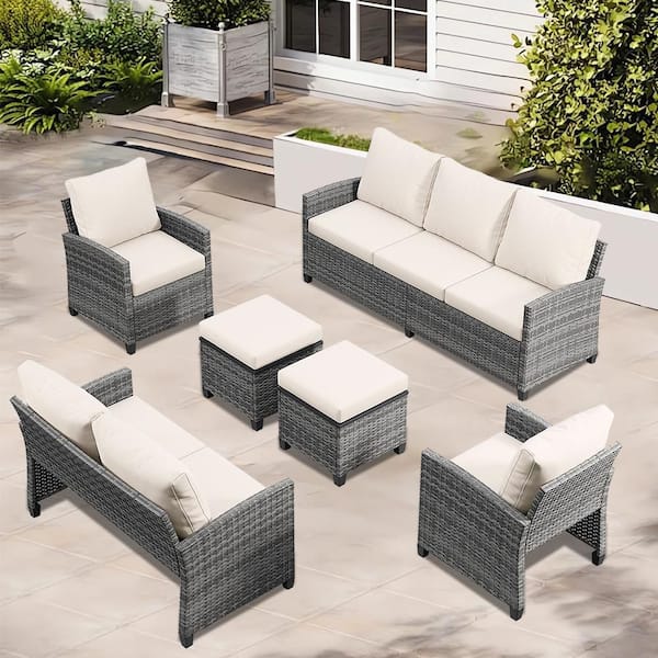 6-Piece Patio Furniture Wicker Outdoor Sectional Sofa Set with Beige Cushions and 2-Ottomans
