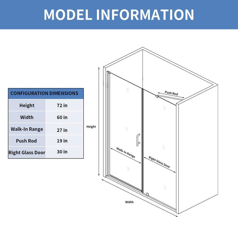 60" Brushed Nickel Semi-Frameless Pivot Shower Door with Clear Glass
