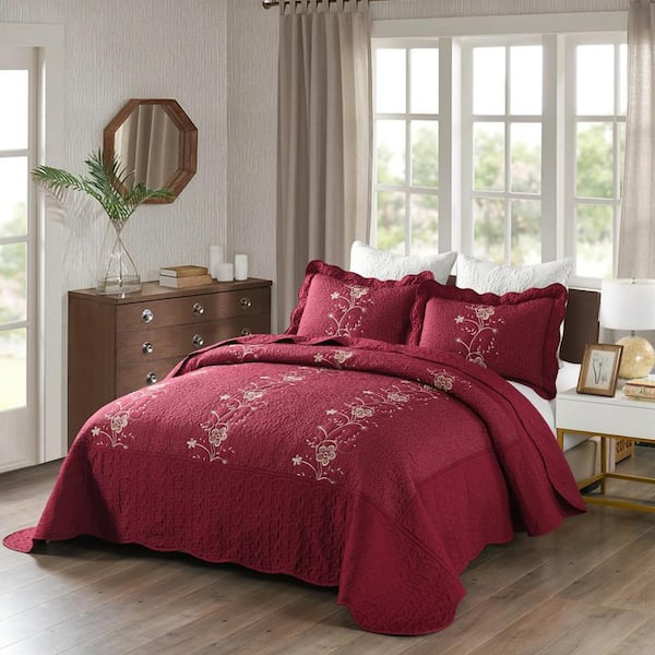 MarCielo Lapaz Burgundy Embroidery Flower Queen Polyester Quilt Bedspread Set
