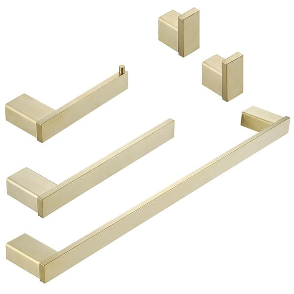 HOMEMYSTIQUE 5-Piece Bath Hardware Set with Towel Bar Towel Hook Toilet Paper Holder in Brushed Gold