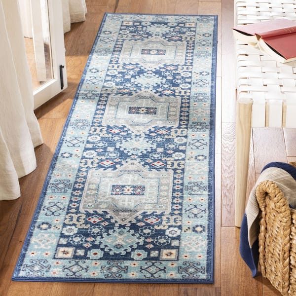 Kazak Blue/Creme 2 ft. x 8 ft. Border Persian Oriental Runner Rug
