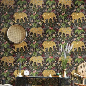 Into The Wild Black Metallic Floral Elephant Non-Pasted Non-Woven Paper Wallpaper Roll