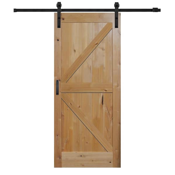 MMI Door 36 in. x 84 in. Rustic Knotty Alder K-Planked Prefinished Sliding Barn Door with Matte Black Hardware Kit