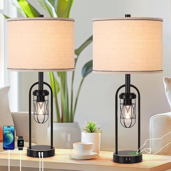 27 in. Black Touch Control Dimmable Metal Table Lamp with 2 USB Ports (Set of 2)