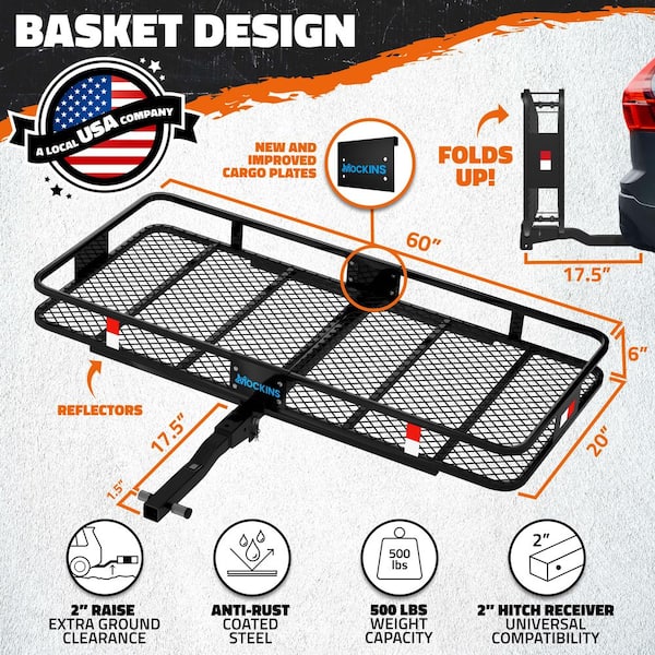 60 in. x 20 in. x 6 in. Hitch Cargo Carrier Basket w/16 cu. ft. Waterproof Cargo Bag-Folding Shank and 2 in. Raise-Blue