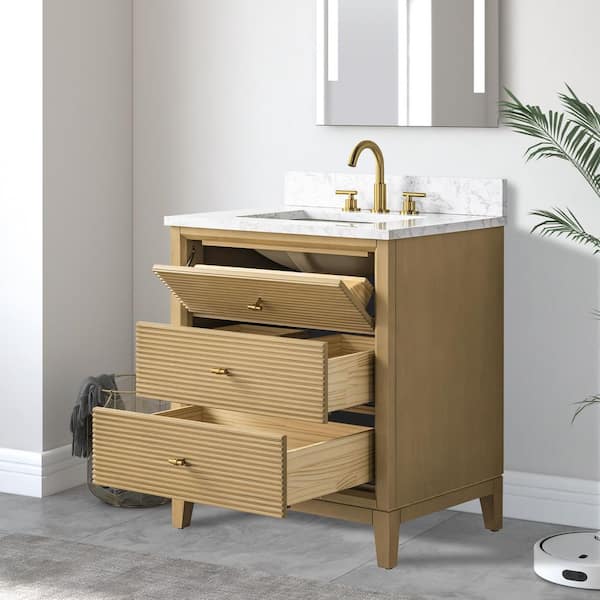 30 in. W x 34 in. H Single Sink Natural Oak Bath Vanity Cabinet with Arabescato White Engineered Marble Top
