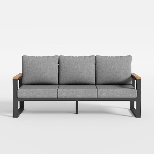 Outdoor 3-Seats Aluminum Sofa, Metal Outdoor Couch with Grey Cushion