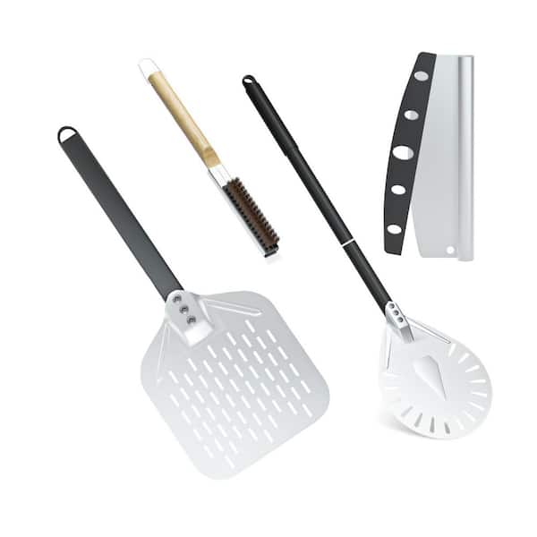 Silver Pizza Accessory Set w 12" Perforated Peel, 9" Turning Peel, Cutter, Cleaning Brush, Scraper for Homemade Pizza