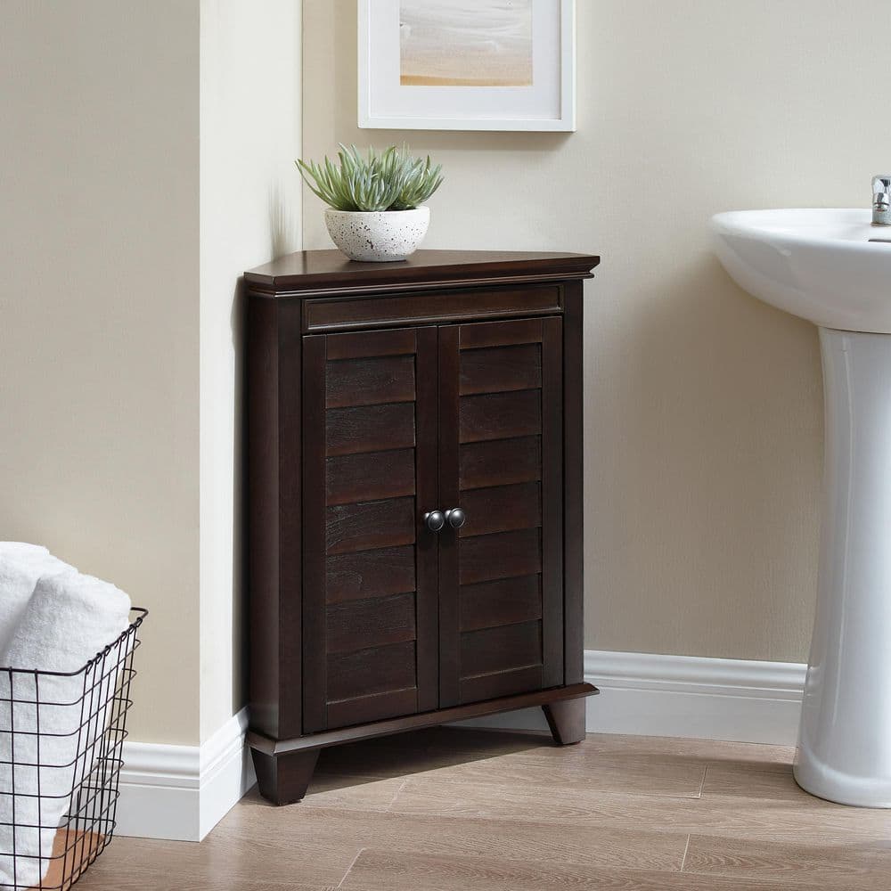Espresso Birch Corner Bathroom Cabinet with Adjustable Shelves
