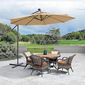 10 ft. Steel Cantilever Solar Crank Lift Patio Umbrella in Brown without Weight Base