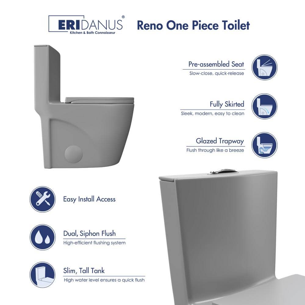 Reno Glacier Gray Elongated Dual Flush One-Piece Toilet