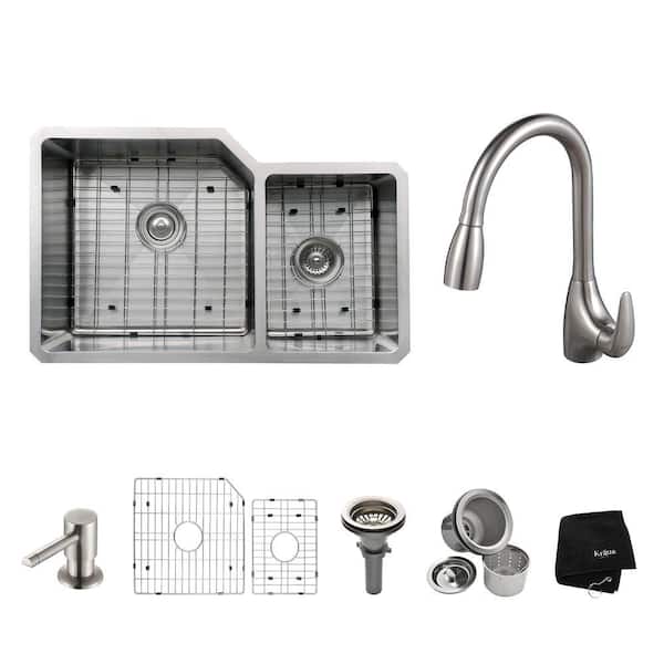KRAUS All-in-One Undermount Stainless Steel 32 in. Double Bowl Kitchen Sink with Faucet and Accessories in Stainless Steel