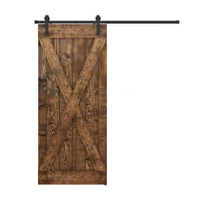 X Series 42 in. x 84 in. Fully Set Up Dark Brown Finished Pine Wood Sliding Barn Door with Hardware Kit
