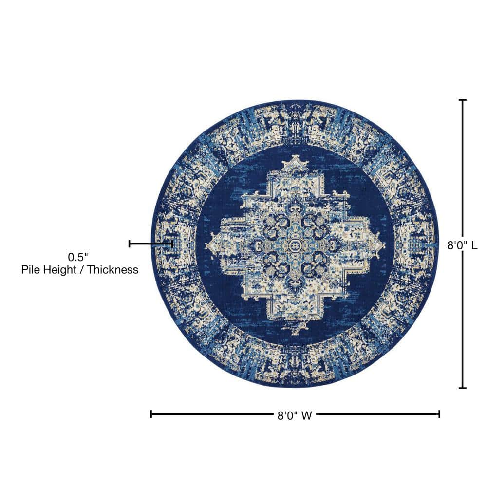Navy Blue Medallion Round Synthetic Large Rug