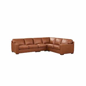 Dillon Sectional 126 in. W Square Arm 4-Piece Leather L-Shaped Lawson Sectional Sofa in Cinnamon Brown