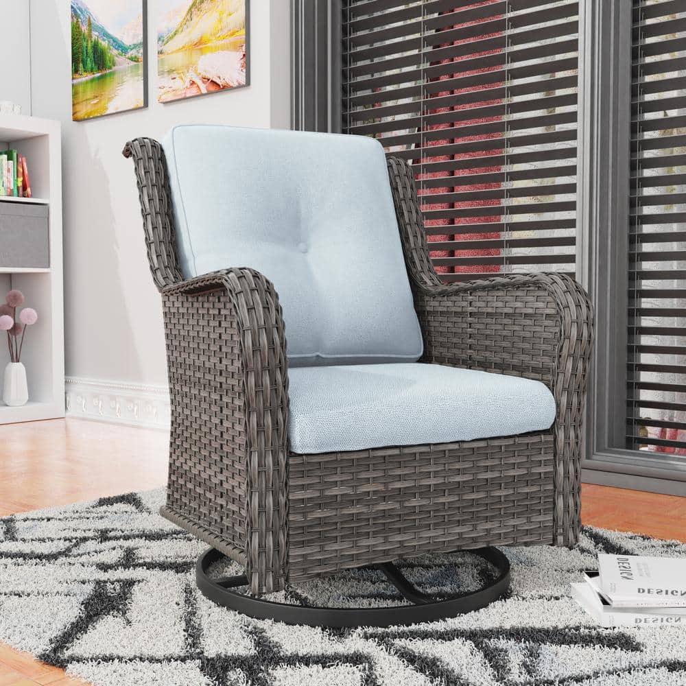 Modern Brown Steel Rocking Armchair with Baby Blue Cushions