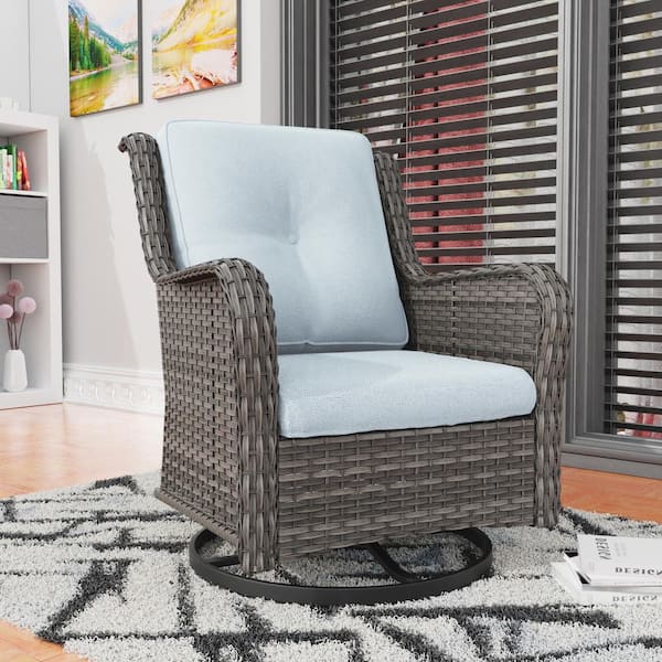 JOYSIDE Wicker Outdoor Rocking Chair Patio Swivel with Baby Blue Cushions
