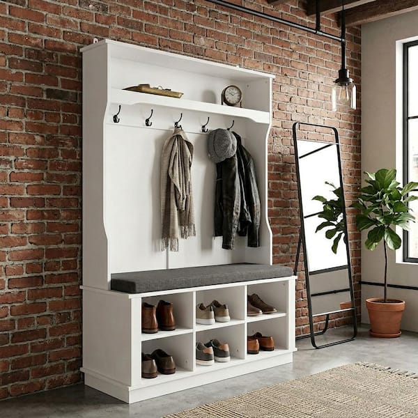 White Painted Coat Rack with Bench and Storage Cubbies