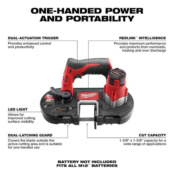 Milwaukee 2429-20-2557-20-48-59-2420 M12 12V Lithium-Ion Cordless Sub-Compact Band Saw and 3/8 in. Ratchet Combo Kit W/ (1) 2.0Ah Battery and Charger - 2