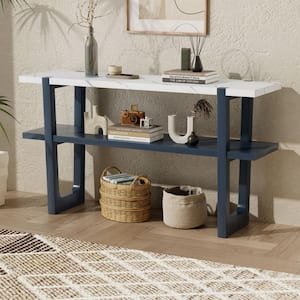 54 in. Navy Rectangle MDF with Stickers Console Table with Adjustable Height Legs and 2 Open Shelves