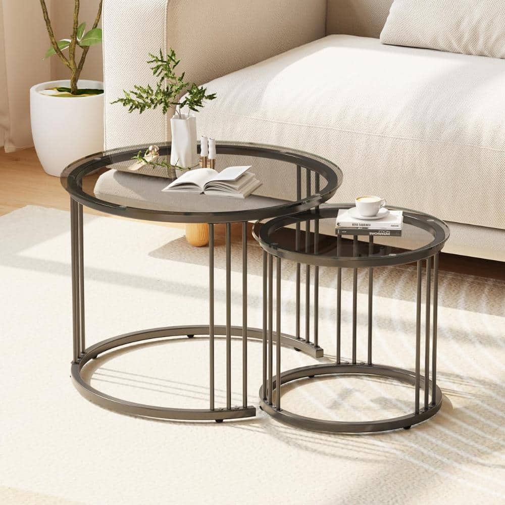 23.6 in. Round Nesting Coffee Table Set, Glass Top Metal Frame, Grey, 2-Piece price history on PriceWatchPro