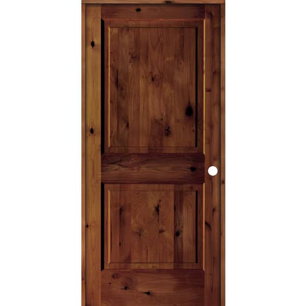 Krosswood Doors 36 in. x 80 in. Rustic Knotty Alder 2 Panel Left Hand Red Chestnut Stain Wood Single Prehung Interior Door w/Square Top
