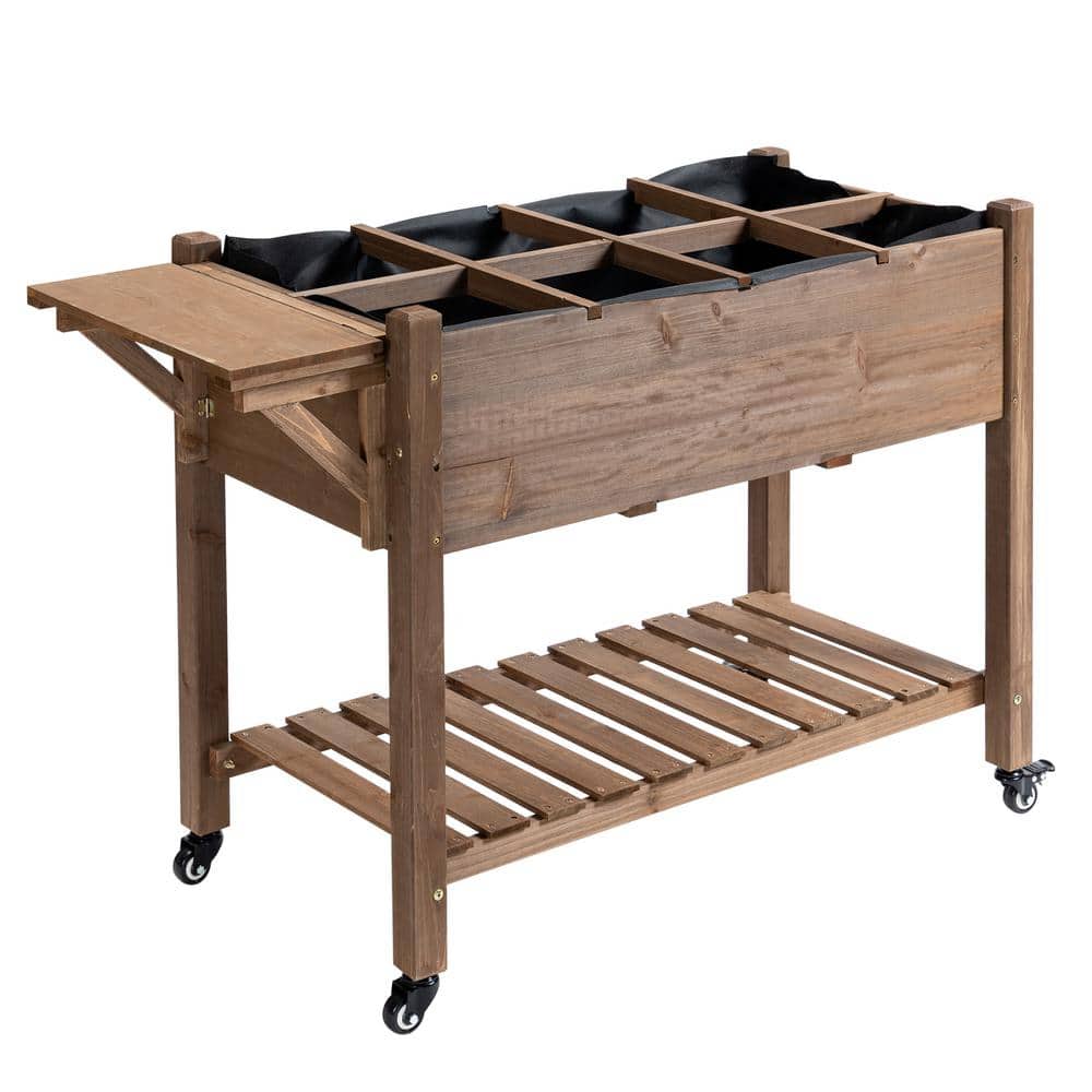 Brown Wooden Raised Garden Bed with Storage Shelf
