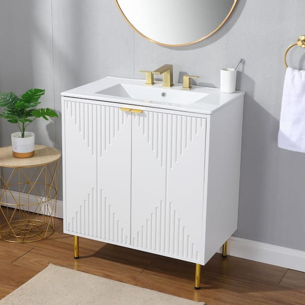 VC CUCINE 36 in. W x 20 in. D x 34 in. H Modern Bathroom Vanity in Dark Blue with Vessel Ceramic Single Sink and White Marble Top