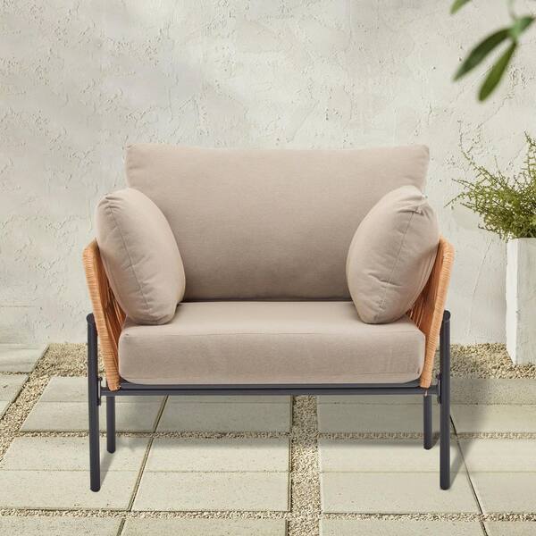 Lycvki Black Metal and Beige Rattan Outdoor Lounge Chair with