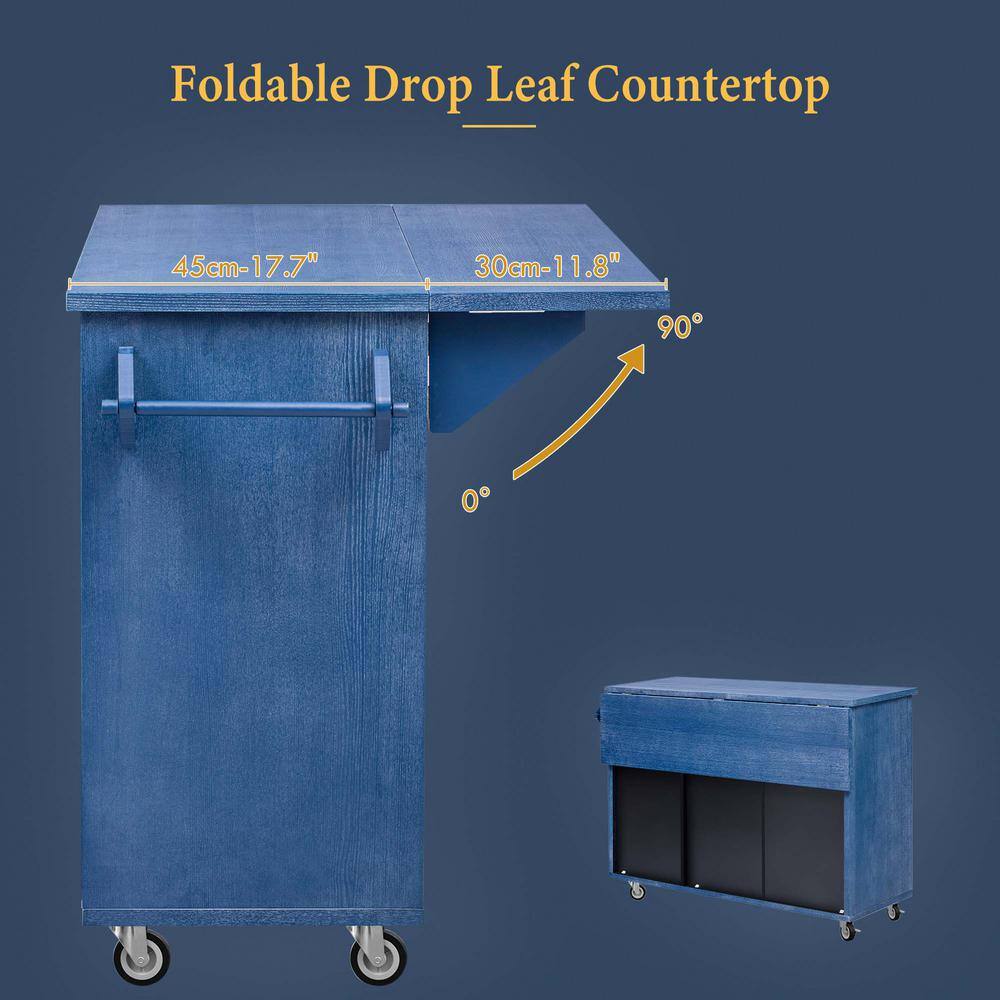 Navy Blue Wood 51.2 in. Farmhouse Kitchen Island with Drop Leaf