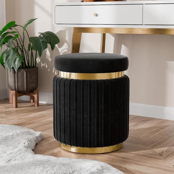 Furniture of America Vija Modern Glam Black Velvet Round Accent Ottoman Small (Under 22 in.)