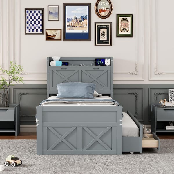 Harper & Bright Designs Gray Wood Frame Twin Size Platform Bed