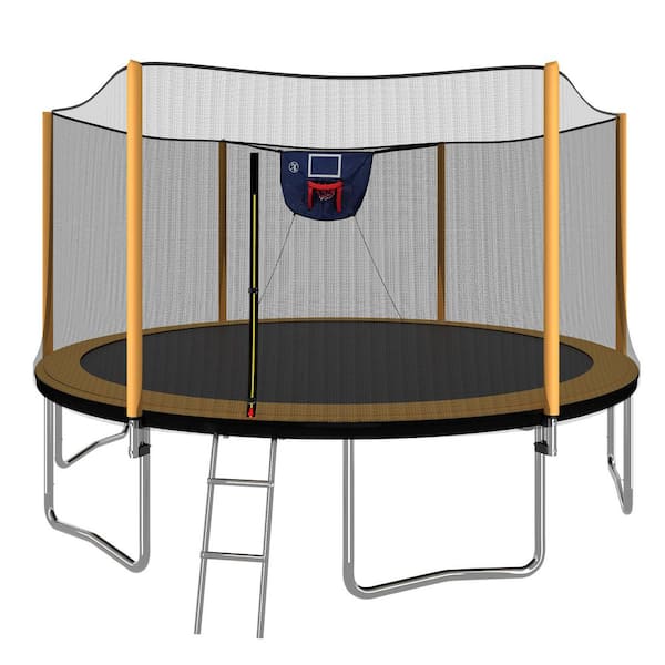 14 ft. Trampoline with Basketball Hoop, Inflator, Ladder-Upgrade with Outer Safety Enclosure, UV-Resistant Frame, Orange