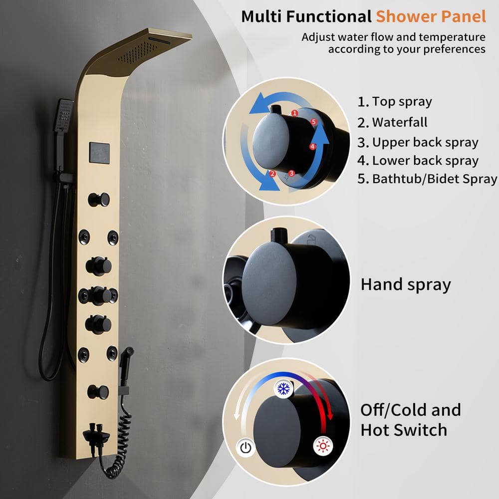 Gold and Black Brass 8-Jet Rainfall Shower Panel System