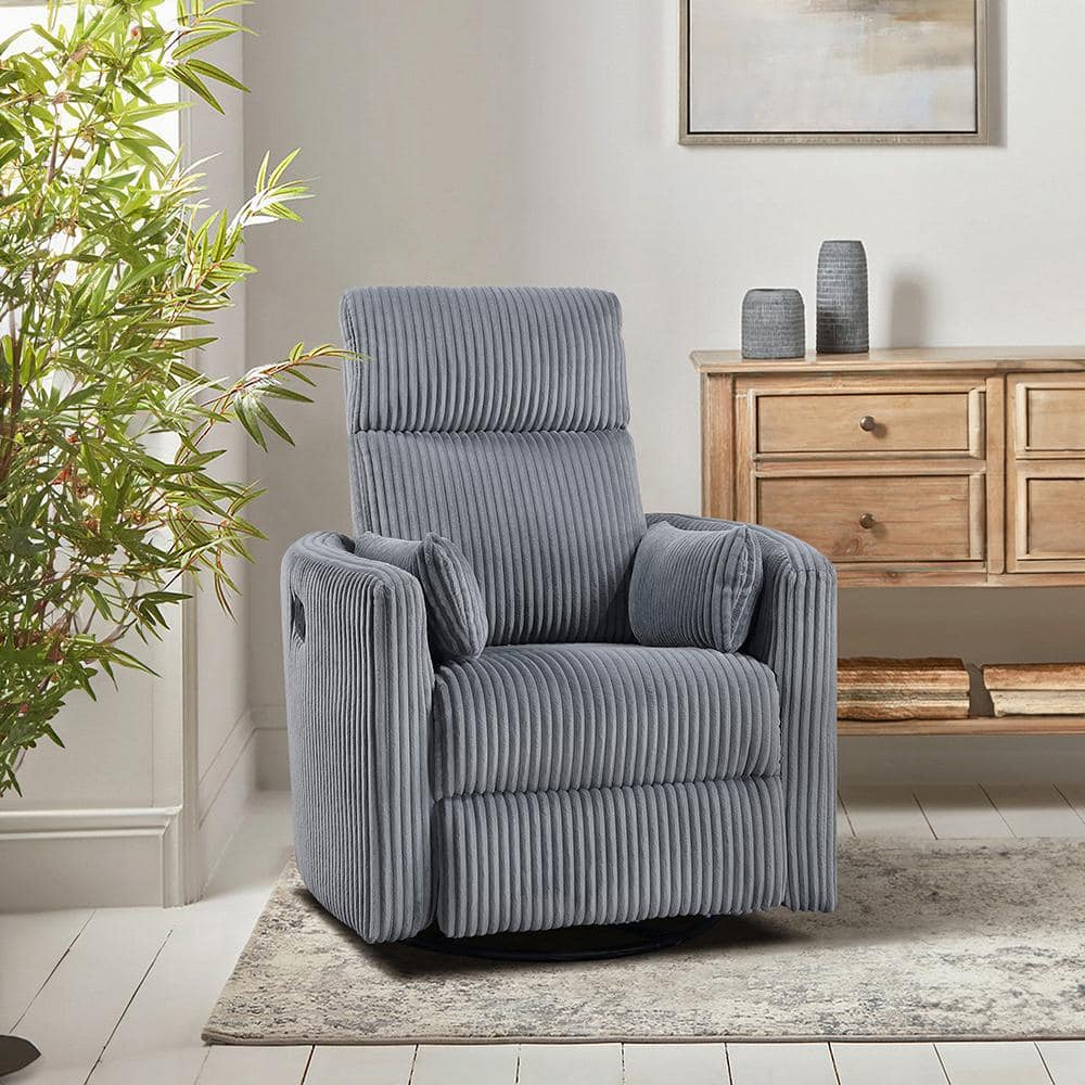 Gray Corduroy Swivel Glider Recliner with Wood Accents