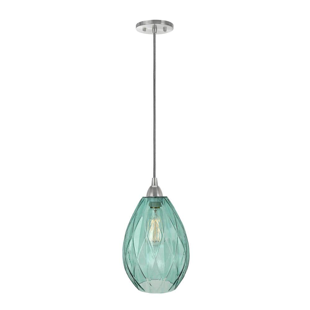 Adjustable Satin Nickel Mini Pendant Light with Green Glass Shade