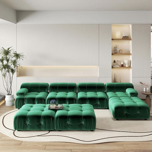 Chameleon 138 in. Square Arm 7-piece Modern Velvet Modular Combination Sectional Sofa Couch with 3 Ottomans in Green