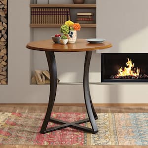 Metro Round Counter Height Wood Oak Veneer Top 36 in. Black Metal Cross Legs Base Dining Table, Seats 2