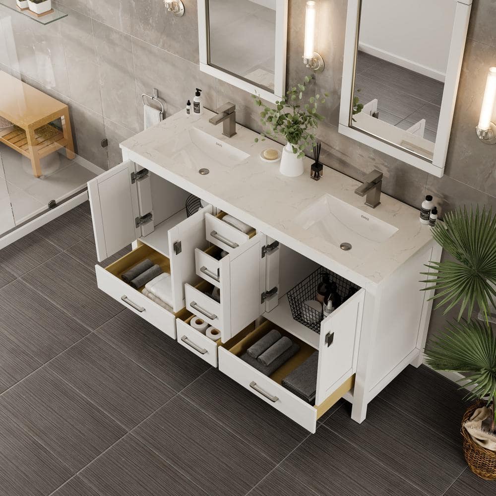 London Double Sink White Bathroom Vanity with Carrara Quartz Countertop