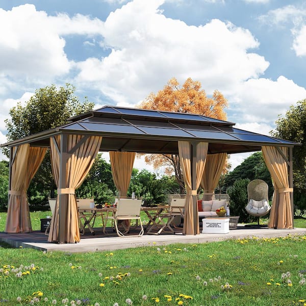 20 ft. x 12 ft. Outdoor Brown Polycarbonate Double Roof Gazebo with Curtains and Netting for Garden, Lawns, Patio
