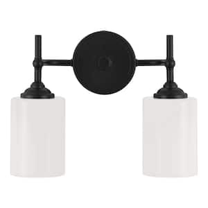 Ayelen 13.5 in. 2-Light Matte Black Bathroom Vanity Light with Opal White Glass Shades