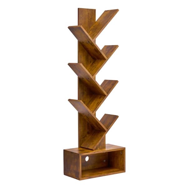 7-Tier Tree Bookshelf, 44.25 in. Brown Wood 7-Shelf Accent Bookcase with Storage Shelf, Cable Access, and Non-Slip Pads