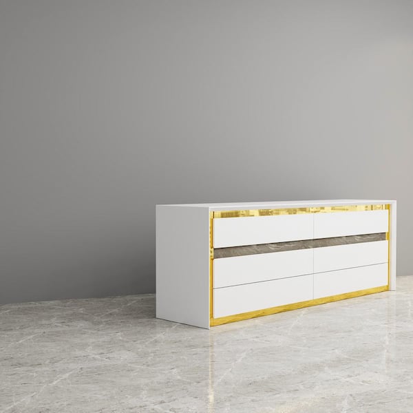 White 6 Drawers 68.9 in. Width Chest of Drawers, Side Storage Console, TV Stand with Golden Metal Frame