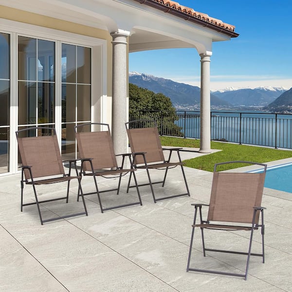 Crestlive Products Foldable Metal Outdoor Dining Chair in Brown(4-Pack)