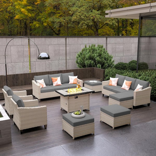 HOOOWOOO Oconee Beige 9-Piece Modern Outdoor Patio Conversation Sofa Set with a Rectangle Fire Pit and Dark Grey Cushions
