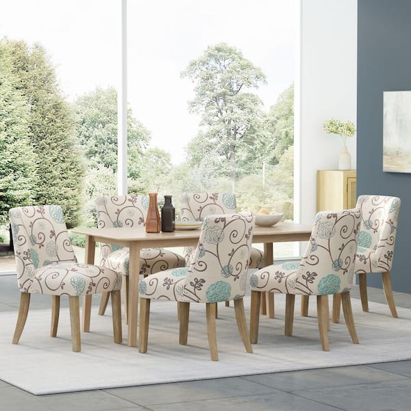 CHRISTOPHER KNIGHT HOME Vaughn Beige, Blue, and Natural Fabric Upholstered Dining Chairs with Solid Wood Legs (Set of 6)